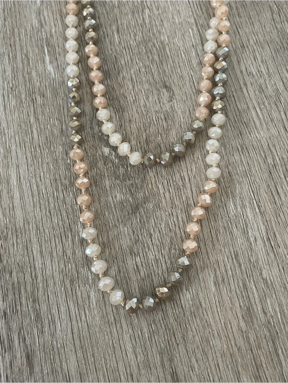 Layered Beaded Statement Necklace – Blush Pink, Cream & Gray Faceted Beads